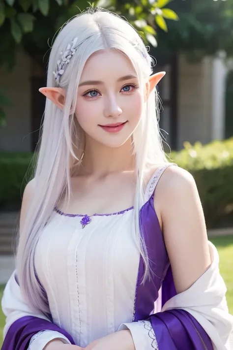 young elf girl, white hair, purple eyes, Dressed in white and purple royal robes, Outside the mansion, sky, Realistic lighting, masterpiece, high detail, delicate eyes, Detailed face, smile softly, Medieval animation art