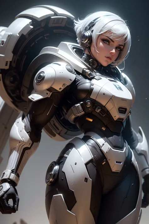 (best quality,8k:1.2,high resolution:1.2),ultra-detalhado,Realistic,retro science fiction female superhero,short hair,rosto extremamente detalhados,long eyelashes,shiny metalic chrome armor, Apertado,gloves,Physically-based rendering,foco nítido,white stud...