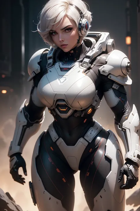 (best quality,8k:1.2,high resolution:1.2),ultra-detalhado,Realistic,retro science fiction female superhero,short hair,rosto extremamente detalhados,long eyelashes,shiny metalic chrome armor, Apertado,gloves,Physically-based rendering,foco nítido,white stud...