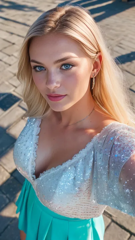 (selfie, top view: 1.4), (full of the body: 1.4), RAW UHD portrait photo of a 24-year-old blonde (blue-eyed woman) large breasts, (skirt), behind her is Alexander Nevsky Temple in Sofia, Bulgaria, (neckline), details (textures! , hair! , glitter, color!! ,...