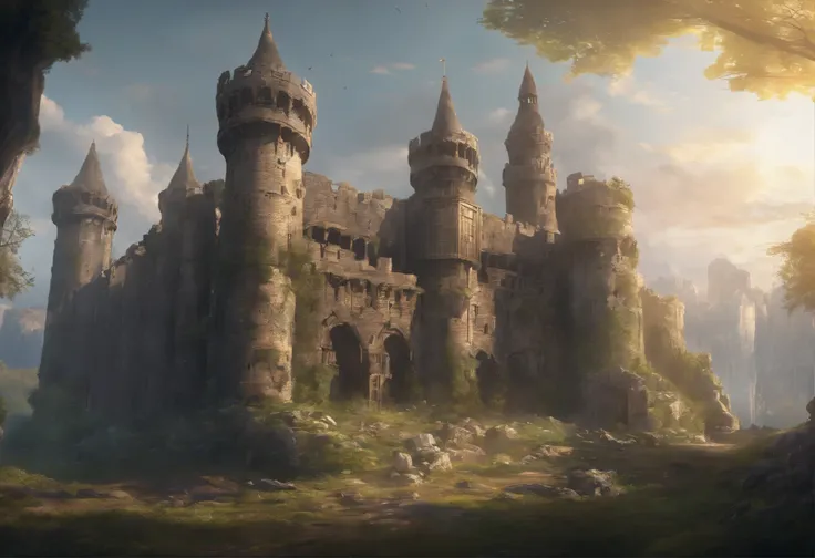 old ruined castle with many round towers and huge lattice gates, (Best Quality, 16K, Masterpiece, UHD, Ultra quality cinematic lighting, Huge detail, Well lit, 35mm, sharp, hyper realistic, epic scale, insane level of details)