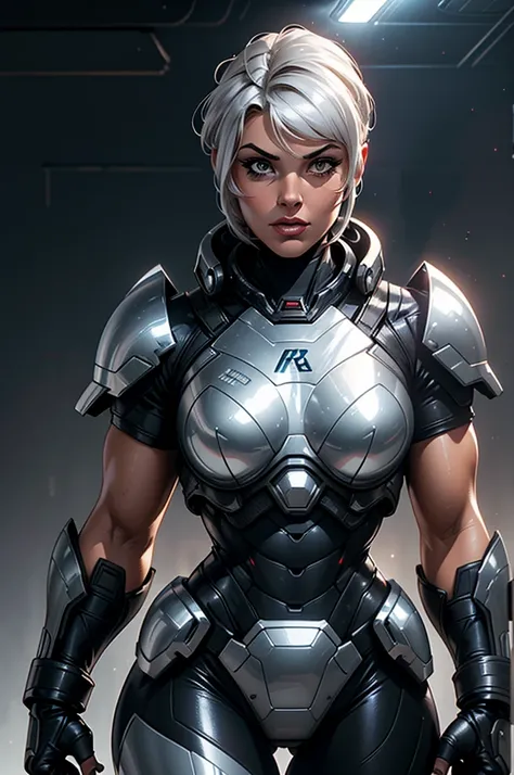 (best quality,8k:1.2,high resolution:1.2),ultra-detalhado,Realistic,retro science fiction female superhero,short hair,rosto extremamente detalhados,long eyelashes,shiny metalic chrome armor, Apertado,gloves,Physically-based rendering,foco nítido,white stud...