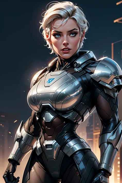 (best quality,8k:1.2,high resolution:1.2),ultra-detalhado,Realistic,retro science fiction female superhero,short hair,rosto extremamente detalhados,long eyelashes,shiny metalic chrome armor, Apertado,gloves,Physically-based rendering,foco nítido,white stud...