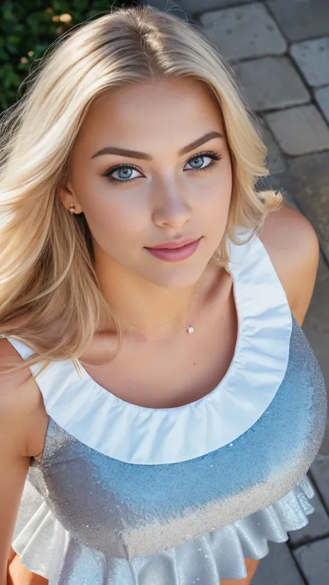 ( top view: 1.4), (full of the body: 1.4), RAW UHD portrait photo of a 24-year-old blonde (blue-eyed woman), angelic face, goddess beauty, large breasts, (skirt), behind her is Alexander Nevsky Temple in Sofia, Bulgaria, (neckline), details (textures! , ha...