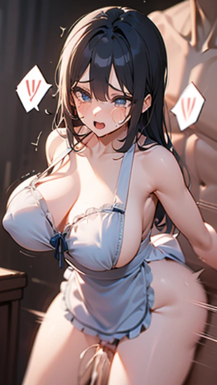 (Ahegao、crying、embarrassing、big breasts、sex with cute boy:1.2)、heart apron、black hair