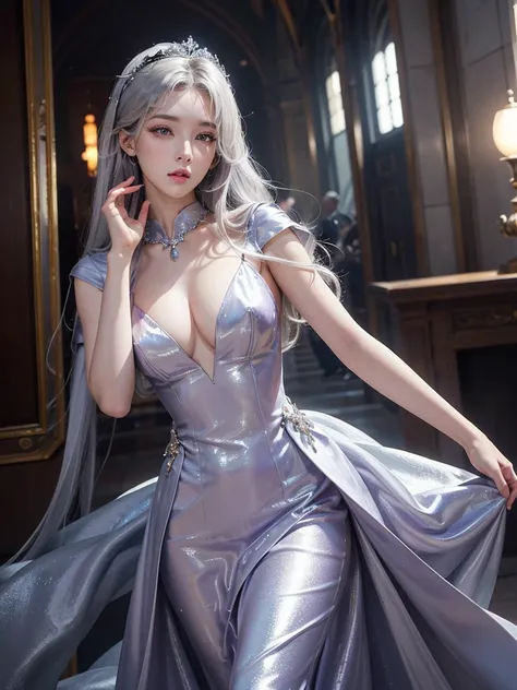 masterpiece, best quality, extremely detailed,cinematic lighting, finely detailed beautiful face and eyes, stoic, arrogant , long smooth shiny silver color hair, Realistic lighting, pretty face , Body perfect anatomy,Top Quality, Top resolution, realistic ...