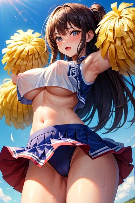 one woman,high school girl,big breasts,Belly exposure,highest quality,Super high quality,Cute face,cheerleader,Cheerleader,underboob,Breasts fully visible,sweat all over,nipples are visible,Angle from directly below,erect nipples,Im rubbing my,