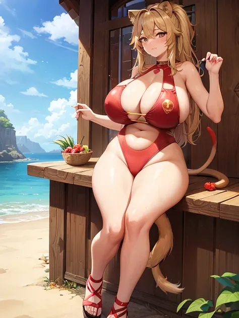 Woman  1woman, red ((((V-shaped swimsuit))))solo, animal ears, lion girl, lion ears, lion tail, sandals, blonde perm, lion tail, outdoors, flower   breast (nipple)  (pussy) ((( big areola)))(fat)