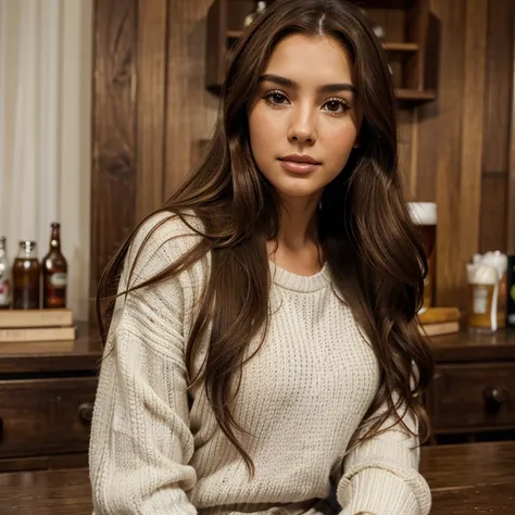 Arafed woman with long brown hair wearing a white sweater., cerveza madison girl portrait, olivia culpo, long, loose brown hair, cerveza madison, Cabello largo y ondulado moreno, Retrato de Sophie Mudd, girl with brown hair, soft devil queen cerveza madiso...