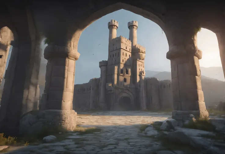 old ruined castle with many round towers and huge lattice gates, (Best Quality, 16K, Masterpiece, UHD, Ultra quality cinematic lighting, Huge detail, Well lit, 35mm, sharp, hyper realistic, epic scale, insane level of details)