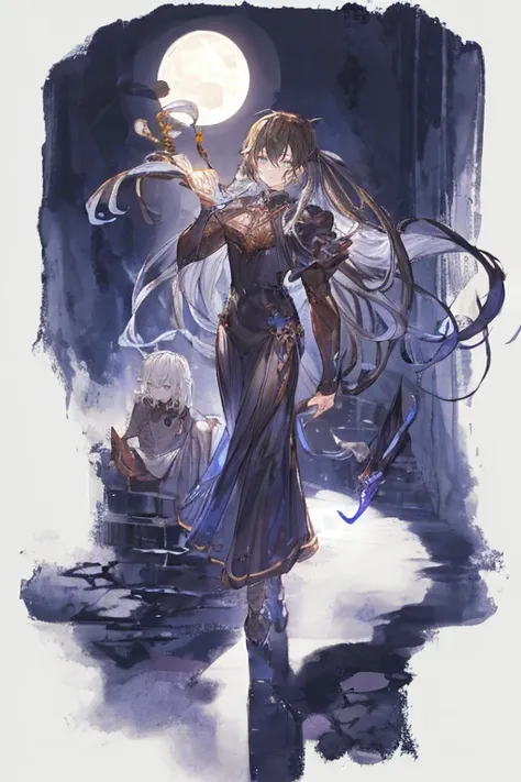 （2 males）dark atmosphere、are standing、whole body、with background、ruins、wall、cool illustrations