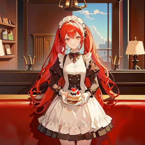 promotional photos, The place is a coffee shop, 1 girl, 16 year old face, Waitress carrying cake to table, red hair twintails, gentle features, Gothic Lolita half costume and maid costume with strawberry image, Clothes based on white,