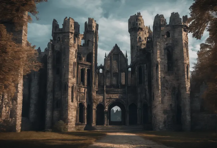 old ruined castle with many round towers and huge lattice gates, (Best Quality, 16K, Masterpiece, UHD, Ultra quality cinematic lighting, Huge detail, Well lit, 35mm, sharp, hyper realistic, epic scale, insane level of details)