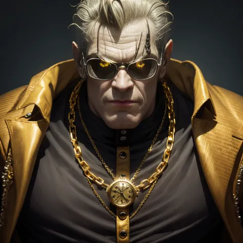 Frankenstein monster, rotten, with black glasses, gold watch, thick gold chains, wearing old suit, ((hyper detailed)), (not duplicated)