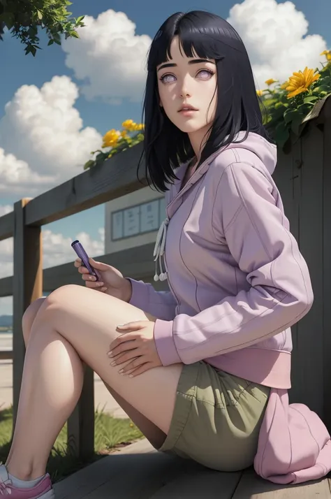 master part, absurdos, Hinata(Boruto), 1girl, sozinho,Mature female, Capuz roxo,mangas em camadas, brown pants, ao ar livre, Cloudy sky, perfect composition, circunstanciado lips, peito grande, beautiful face, body propotion, corar, (pink lips), cabelos pr...