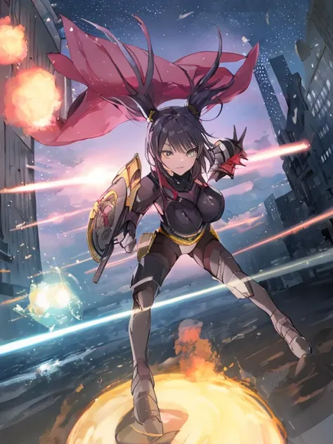 Extreme detail,masterpiece,futuristic city,girl with (energy shield):1.3,tight-fitting bodysuit,protecting herself from danger,using shield in battle,futuristic buildings,flying cars,shield growing brighter,repelling invader