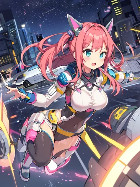 Extreme detail,masterpiece,futuristic city,girl with (energy shield):1.3,tight-fitting bodysuit,protecting herself from danger,using shield in battle,futuristic buildings,flying cars,shield growing brighter,repelling invader