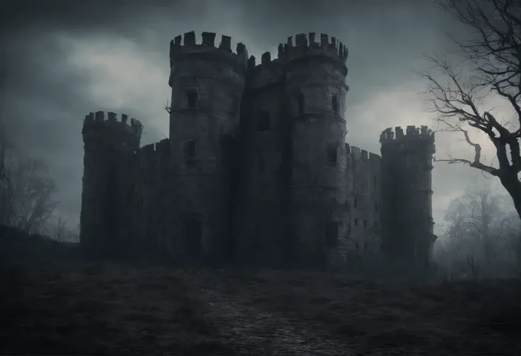 old ruined castle with many round towers and huge lattice gates, (Best Quality, 16K, Masterpiece, UHD, Ultra quality cinematic lighting, Huge detail, Well lit, 35mm, sharp, hyper realistic, epic scale, insane level of details)