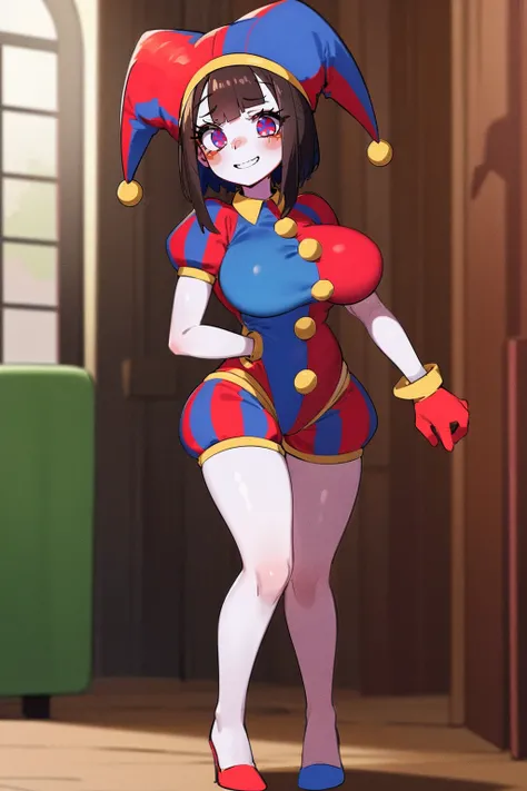 1girl, solo, indoors, full body, standing, smile, pomni, multicolored clothes, jester cap, puffy short sleeves, gloves, buttons, colored skin, symbol-shaped pupils, red eyes, blue eyes, huge breast, curvy, large pants, flipflops