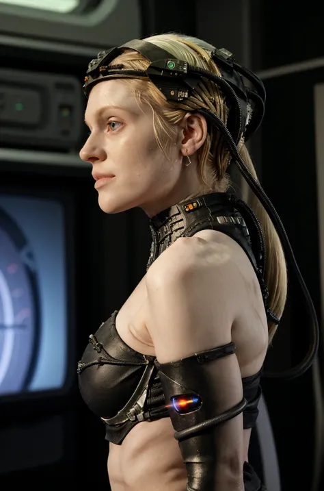 borg woman casey, 

(cable:1.4) (cybernetic:.08) (cyborg:.17) borg implants with (laser beams and led  lights:1), side view, 
(m...