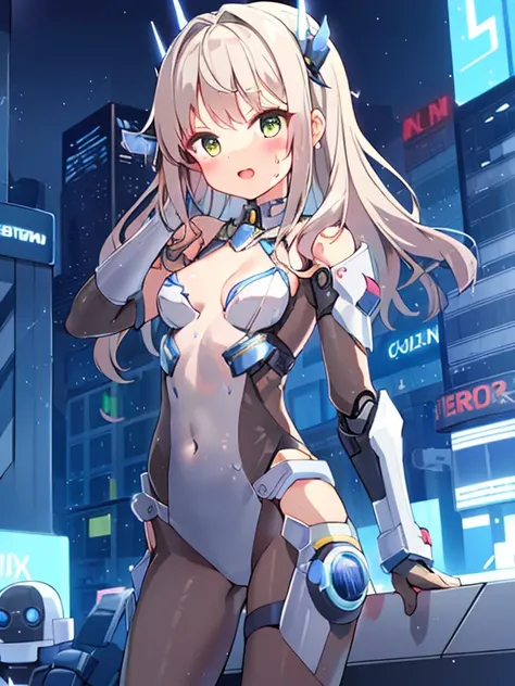 ((masterpiece:1.4、highest quality))+、(super detailed)+、
1 girl、cyberpunk city、flat chest、wavy hair、mecha clothes、(robot girl)、Cool move、Silver Bodysuit、colorful background、Wet day、(lightning effect)、Silver Dragon Armor、(cold face)、cowboy shot、pretty girl