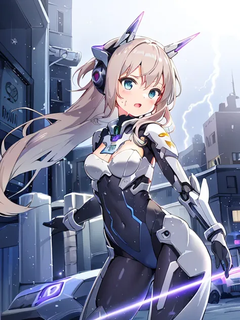 ((masterpiece:1.4、highest quality))+、(super detailed)+、
1 girl、cyberpunk city、flat chest、wavy hair、mecha clothes、(robot girl)、Cool move、Silver Bodysuit、colorful background、Wet day、(lightning effect)、Silver Dragon Armor、(cold face)、cowboy shot、pretty girl