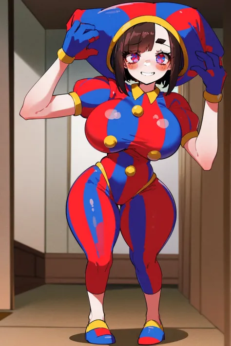 1girl, solo, indoors, full body, standing, smile, pomni, multicolored clothes, jester cap, puffy short sleeves, gloves, buttons, colored skin, symbol-shaped pupils, red eyes, blue eyes, huge breast, curvy, large pants, flipflops