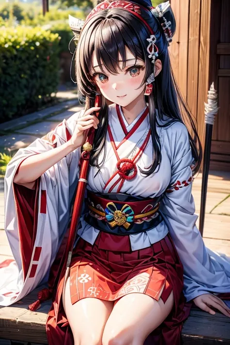 queen of the ainu、cute、Ainu pattern clothes、white and red clothes、Ainu pattern、has a spear