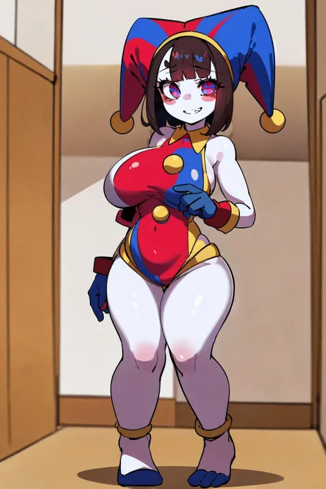 1girl, solo, indoors, full body, standing, smile, pomni, multicolored clothes, jester cap, puffy short sleeves, gloves, buttons, colored skin, symbol-shaped pupils, red eyes, blue eyes, huge breast, curvy, large pants, flipflops