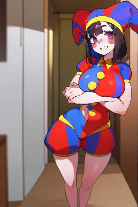 1girl, solo, indoors, full body, standing, smile, pomni, multicolored clothes, jester cap, puffy short sleeves, gloves, buttons, colored skin, symbol-shaped pupils, red eyes, blue eyes, huge breast, curvy, large pants, flipflops