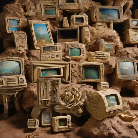 many screens showing lies of an apocalyptic world