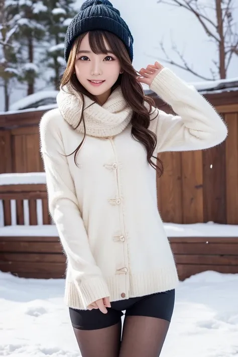 Sexy Chinese girl wearing a scarf, wooly hat, wooly shirt, with no pants. Striking a sexy pose on snow