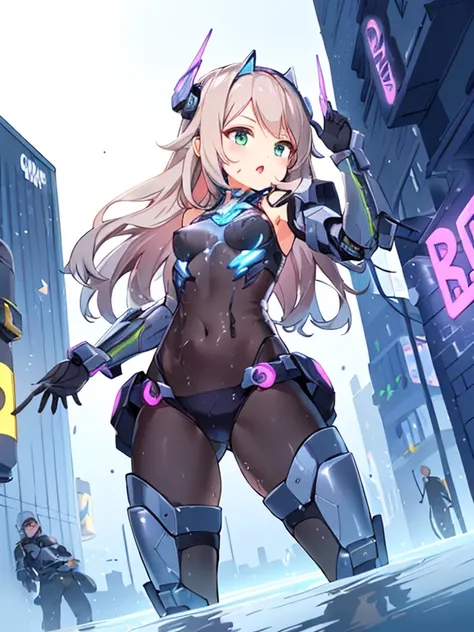 ((masterpiece:1.4、highest quality))+、(super detailed)+、
1 girl、cyberpunk city、flat chest、wavy hair、mecha clothes、(robot girl)、Cool move、Silver Bodysuit、colorful background、Wet day、(lightning effect)、Silver Dragon Armor、(cold face)、cowboy shot、pretty girl