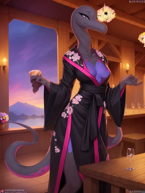 uploaded on e621, 3d , (bastika, cutesexyrobutts, hioshiru), female, solo, salazzle, tavern, (wearing a black kimono, long kimono, kimono with long sleeves, flowers on kimono) happy, natural breasts, long flowing tail