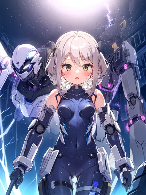 ((masterpiece:1.4、highest quality))+、(super detailed)+、
1 girl、cyberpunk city、flat chest、wavy hair、mecha clothes、(robot girl)、Cool move、Silver Bodysuit、colorful background、Wet day、(lightning effect)、Silver Dragon Armor、(cold face)、cowboy shot、pretty girl