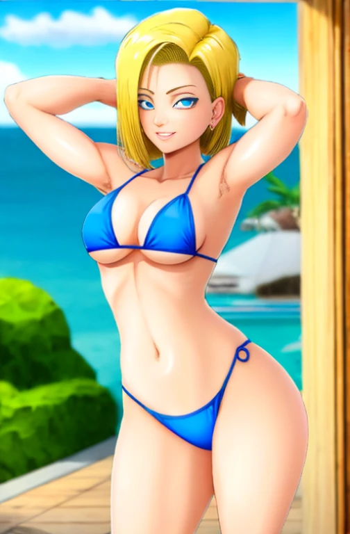 Androide 18, sexy sonrisa traviesa y paisaje verde micro bikini transparente HD grandes tetas y gran trasero rubia ojos azules cabello corto 