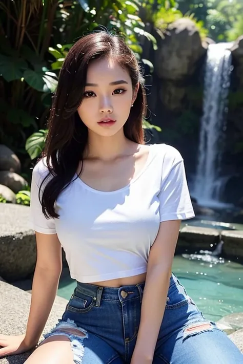 Thai girl, 20 years old, voluptuous figure with big bust, small waist, and big hips, casually dressed in short jeans. Wearing a cropped t-shirt that reveals a peek of her flat abs. Seated next to a breathtaking waterfall, her reflection shimmering in the c...