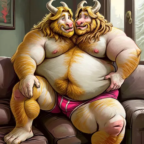 solo, two headed anthro (goat), (heads face to face:1.1), ((asgore dreemurr)), male, (obese:1.5), adult, photorealistic, hyperrealistic, ultradetailed, natural pose, by dramamine, correct hands, nips, (cartoon eyes:1.3, detailed eyes), (beefy:1.8), (bulky:...