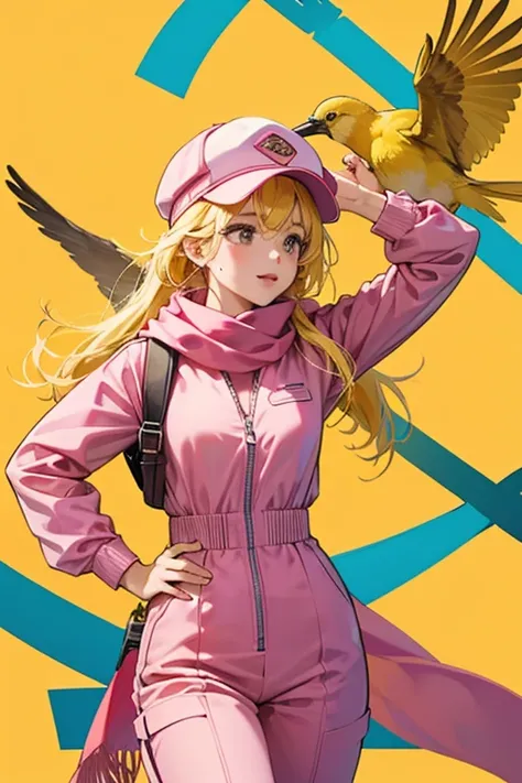  She is a yellow bird wearing a pink jumpsuit, flight cap and scarf. 