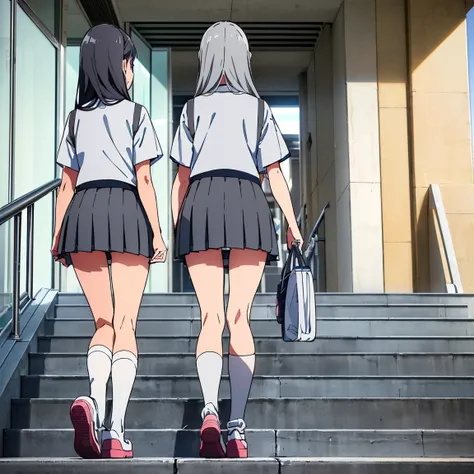 ((highest quality, 8K, RAW photo)), sharp focus 1.5,((Three gal high school girls lined up side by side))back view((Walking up the stairs at Yokohama Station))((panty visible))((mini skirt))(((Gray skirt)))(((loose socks)))(((loafers)))((Low - Angle))((Ful...