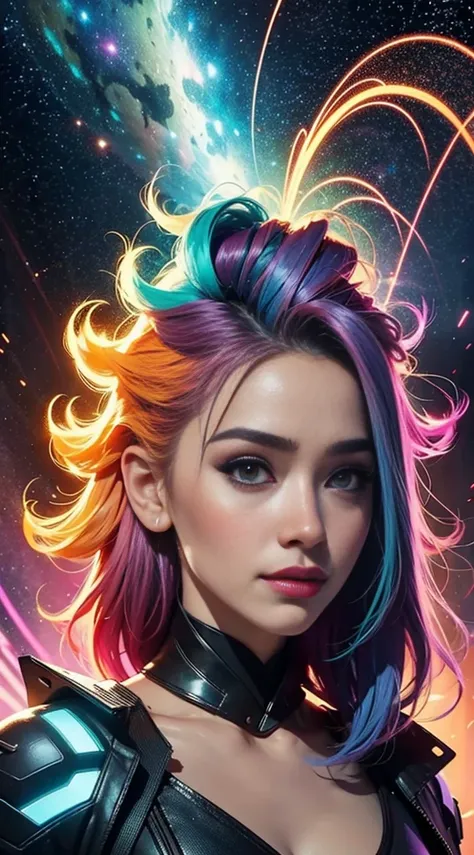 A stunning woman with vibrant neon hair, enchanting closed smile, happy lips, looking to the right, glowing in the midst of galaxy formations, painted by david diaz and sakimichan, detailed and realistic textures, orange and yellow palette colors, surreal ...