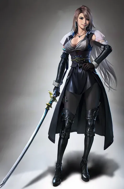 Yuna with a sword in a black outfit,  leather outfit, leather gloves, leather boots, evil smile, cleavage