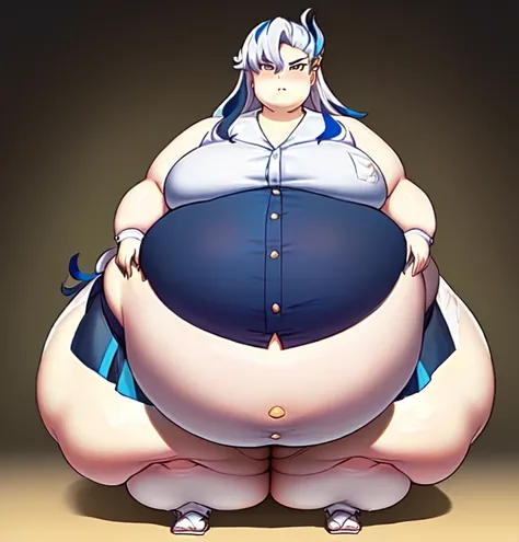 masterpiece, ((best quality)), ((Very Detailed) ,1boy, neuvillette, long hair,(( multicolored hair)), white and blue hair,  Beautiful face and Eyes:1.4, (( background: Candyland)),(high_aesthetic), Ussbbw!! ,((Wide Hips:1.85)), ((gigantic belly:1.7)), Thic...