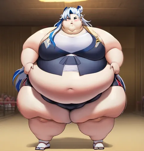 ((1 male)) Solo ,Neuvillette as a Sumo Wrestler , long hair Multicolored hair, White and blue hair, hair  Styled in bun,Pointed ears, Morbidly Obese!!!, Background:Arena:1.5, ((Wide Hips)), Thick thighs, ((fat butt )), huge belly!!