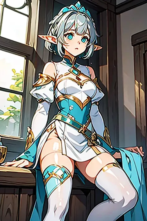 (Masterpiece)), (((better quality)), ((1 girl)), ((keys) ((elf ears))) White hair with turquoise tones + short and curly hair + long eyelashes + turquoise eyes + soft and female features + average height + female body + thick thighs + medium chest + medium...