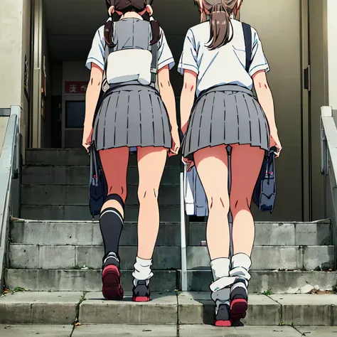 ((highest quality, 8k, raw photo)), sharp focus 1.5,((3 high school girls))brown hair、black hair、twin tails、back view((walking u...