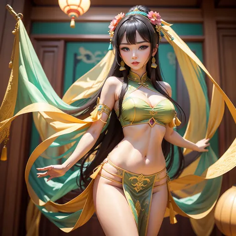 Chinese style，national current，Dunhuang style，a beautiful lady,Transparent tulle Dunhuang clothing，Pictures of flying ladies in Dunhuang，Dunhuang School，belly dance，Thick hair on abdomen