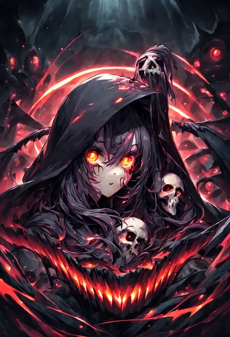 crea un logo de una chica de pelo rosa con una capucha de la muerte con un rostro de craneo  con ojos morados  que en la parte de abajo diga grim reaper for gaming 