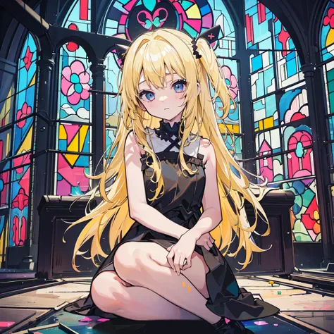 (1 girl, blonde hair, black sundress, kawaii), (abandoned church, light blue and ponk stained glass)