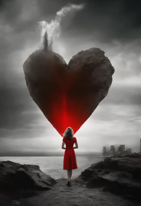  Rock, jump, cliff, falls to the bottom, young woman, sea,    ,someone is holding a red object in their hands (Heart) to the streets, nuclear art, Red selective coloration, Chris Friel, Dirk Dzimirski, inspired by Alfred Eisenstadt, inspired by Storm Thorg...